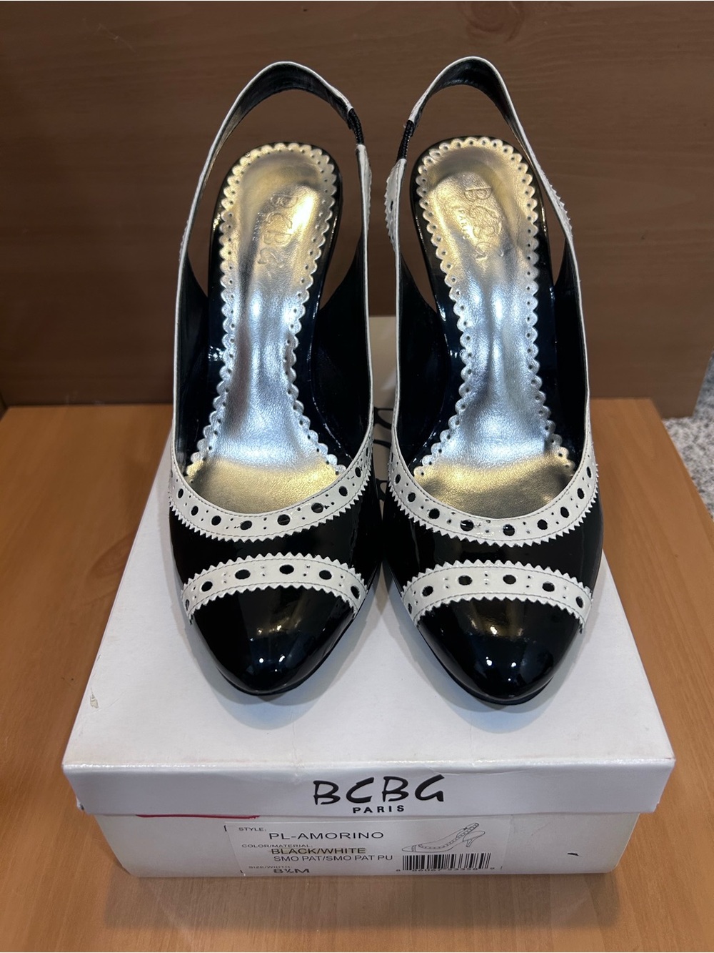 BCBG Paris Amorino Black White Patent Slingback Heels Size 8.5